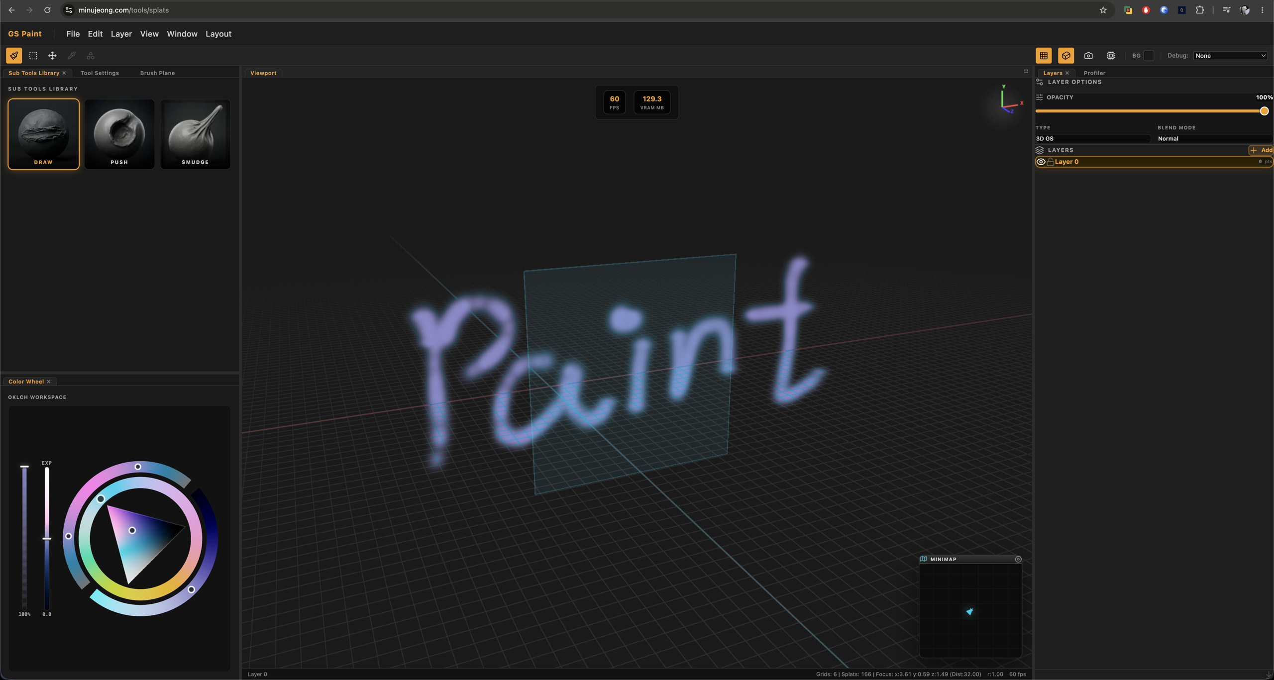 WebGPU 기반 Gaussian Splatting Paint Tool의 브러시, 컬러 휠, 레이어와 3D 뷰포트 인터페이스